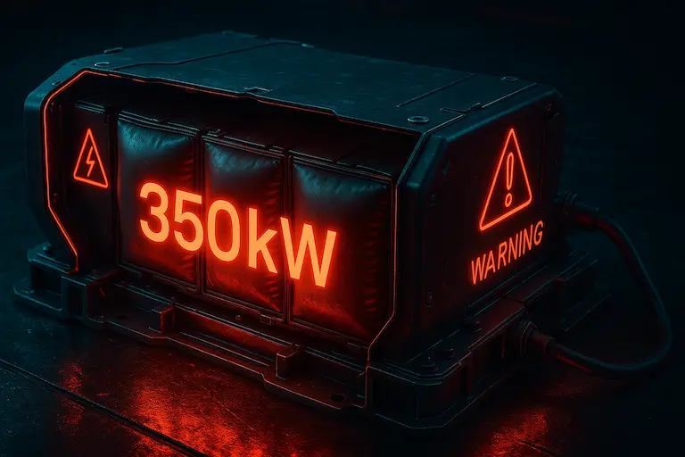 A cutaway EV battery pack with glowing red ‘350kW’ branding, showing swollen cells inside.
