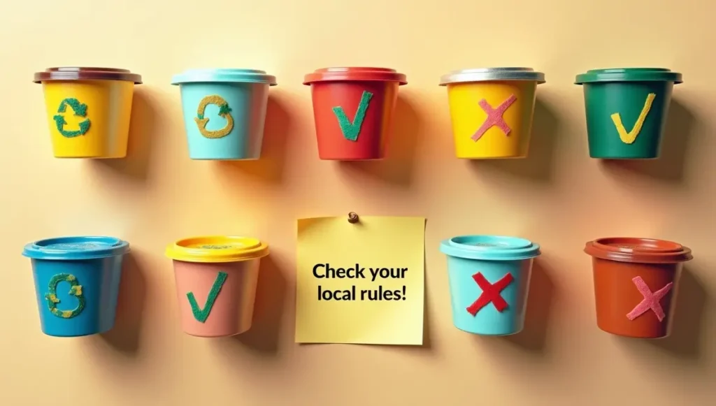 Aluminum and plastic coffee pods side-by-side with green check (recyclable) and red X (landfill) labels